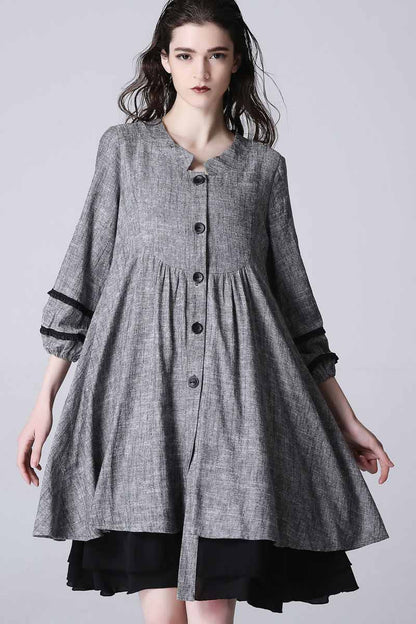 Grey Linen Blend Shirt Dress - Flowy Bishop Sleeves 1190