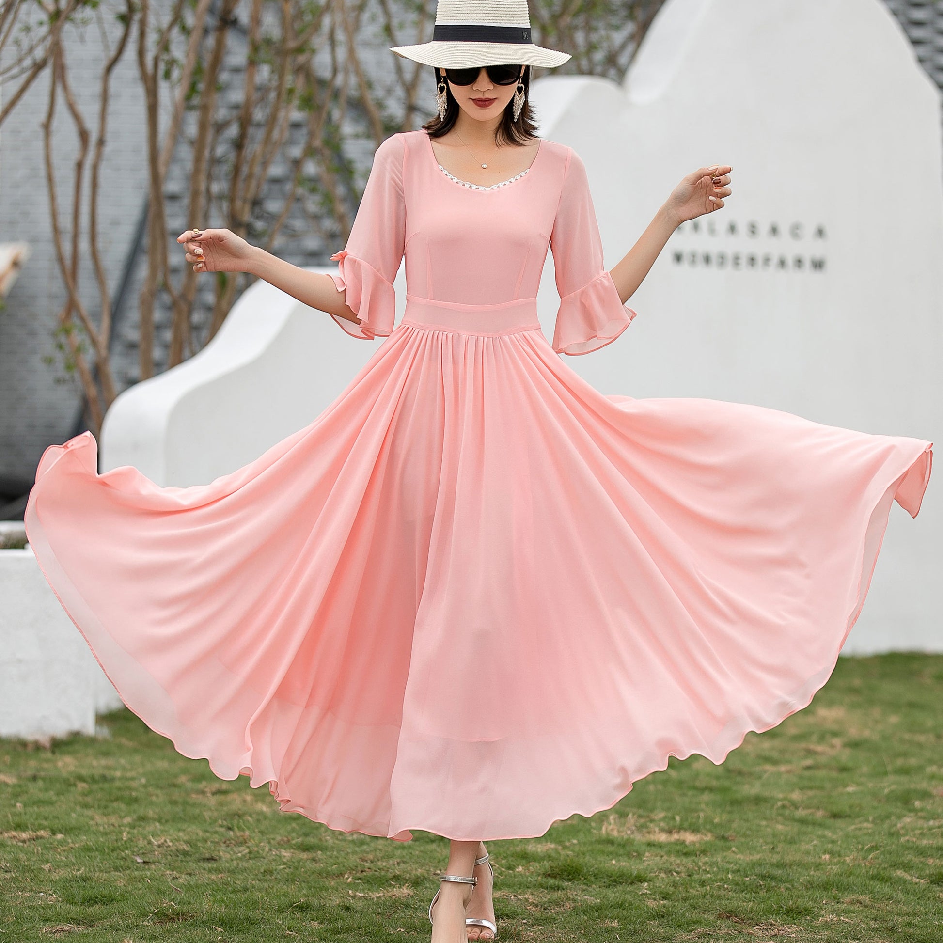 pink half sleeve fit&flare swing maxi chiffon dress 271901 Xiaolizi pink half sleeve fit&flare swing maxi chiffon dress 271901 Xiaolizi