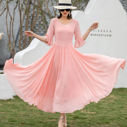 Pink Chiffon Maxi Dress - Fit & Flare Silhouette with Lace V-Neck 2719
