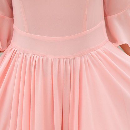 Pink Chiffon Maxi Dress - Fit & Flare Silhouette with Lace V-Neck 2719