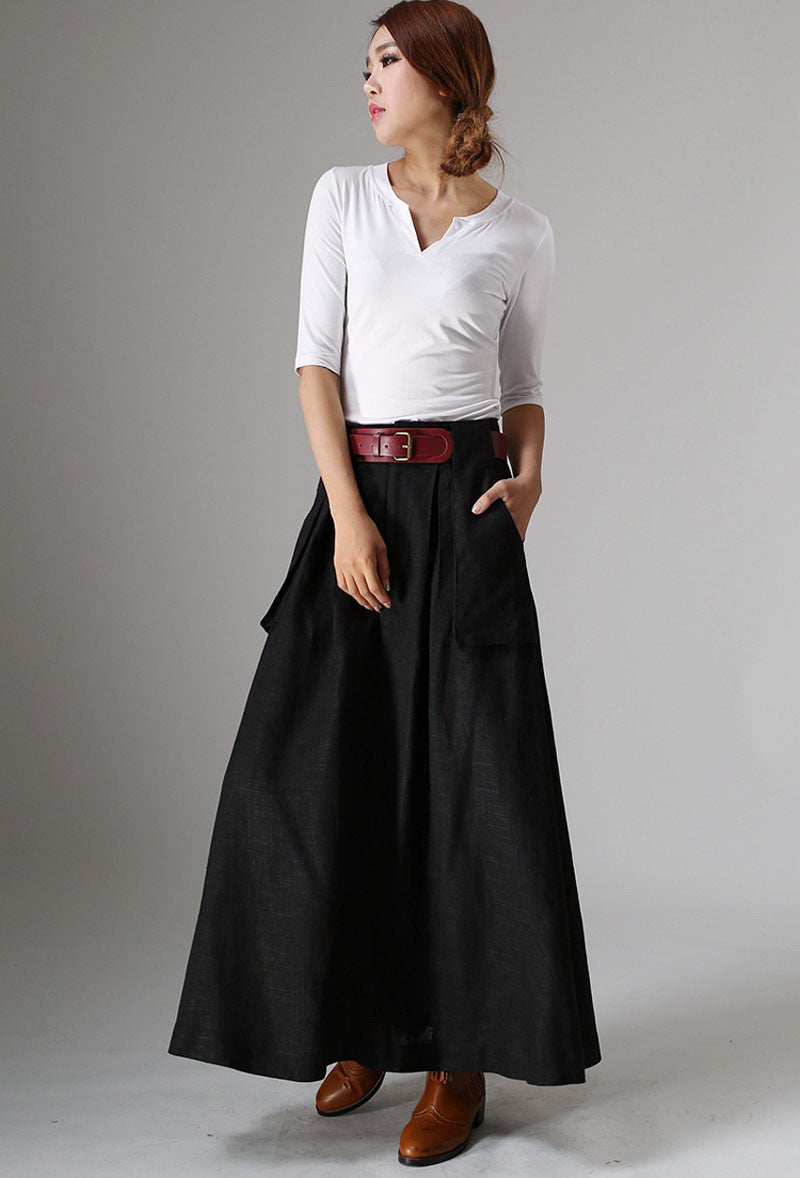 Black linen  maxi skirt with Big Pocket Detail 0979#