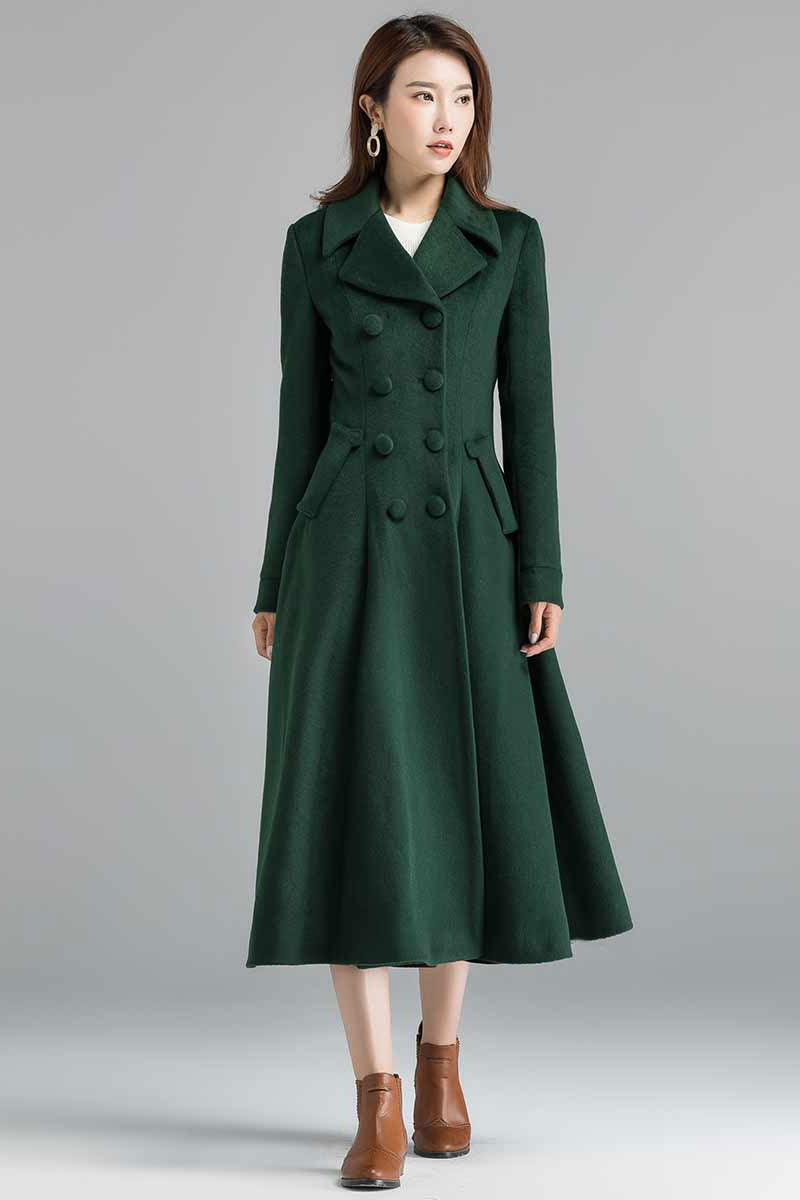 Vintage inspired Long wool green coat  2398#