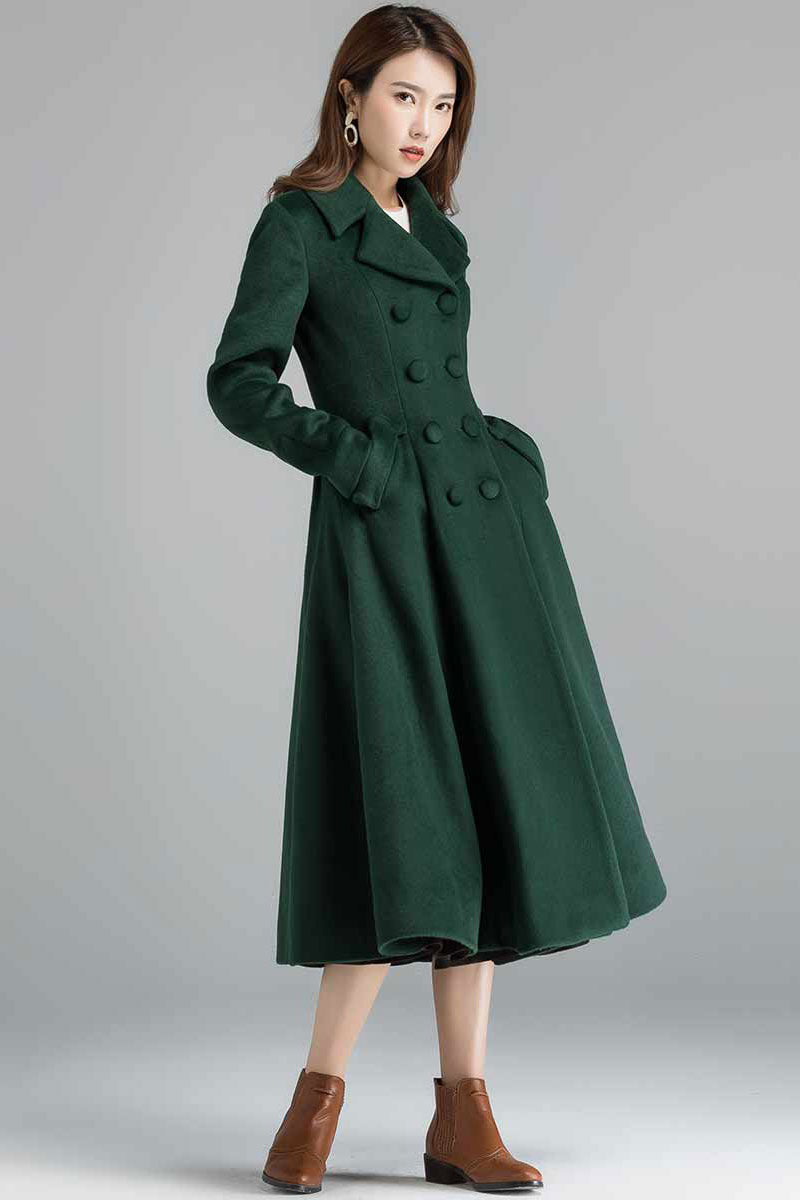 Vintage inspired Long wool green coat  2398#