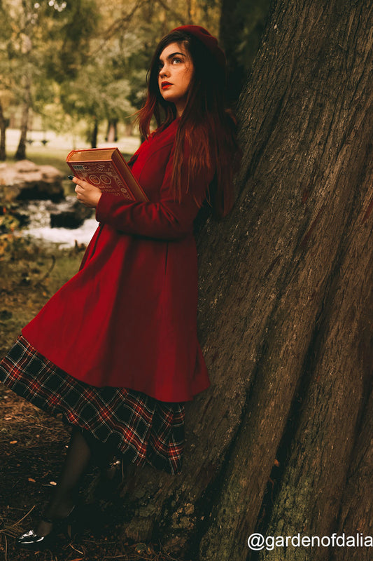 Red Wool Midi Coat - Hooded Empire Waist Swing Silhouette 2415