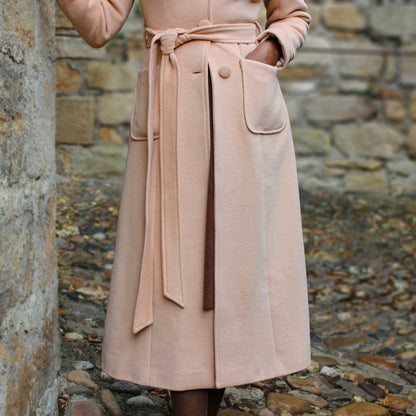 Handmade Blush Beige Wool Coat – Elegant Long Belted Winter Overcoat 2421