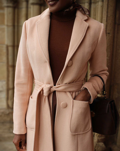 Handmade Blush Beige Wool Coat – Elegant Long Belted Winter Overcoat 2421