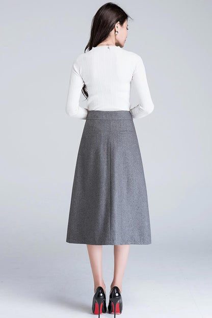 Black Wool Midi Skirt - A-Line High Waist Silhouette S012