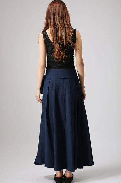 Blue Linen Wrap Skirt - Pleated Waist Tie Belt Ankle Length 874