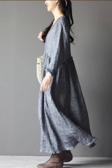 Gray Linen Maxi Dress - V-Neck, Loose Fit Commuter Dress CYM330