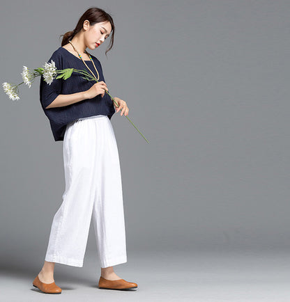 White Linen Wide Leg Pants - Elastic Waist, Above Ankle Length 2610