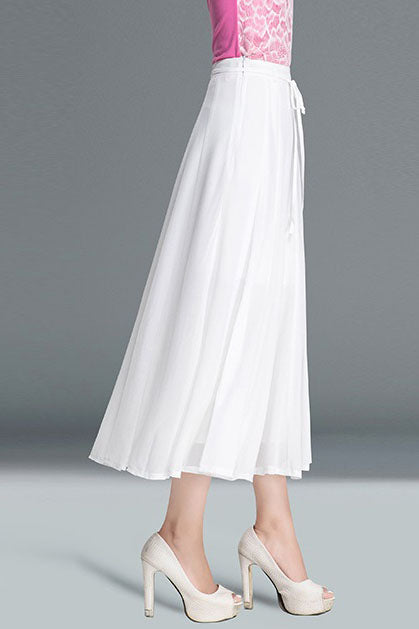 White Summer Midi A Line Pleated Chiffon Skirt 2900