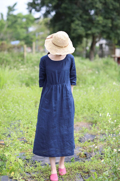Navy Linen Midi Dress - Loose Waist with Mid Sleeves CYM371