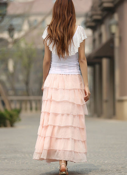 Pink Chiffon Tulle Maxi Skirt - 7-Layer Flowy | Xiaolizi 937