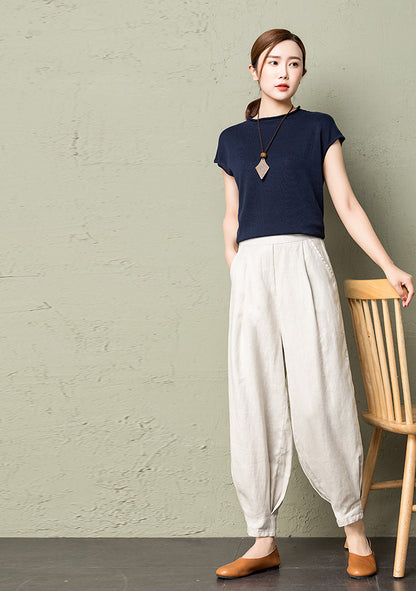Rust Red Linen Cotton Wide Leg Pants - Back Elastic Waist Comfort 2607