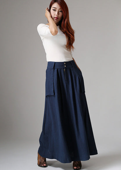 Blue Linen Cotton Maxi Skirt - Flowy Silhouette with Big Pockets 1036