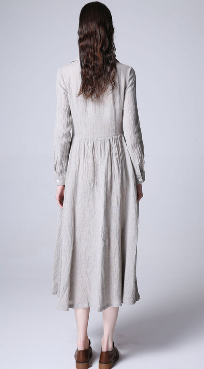Gray Linen Maxi Dress - Flowy with Front Buttons 1166