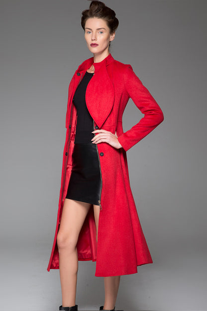 Red Women's Coat - Long Elegant Sleek Simple Fitted Smart Tailored Winter Designer Coat with Scarf Collar & Concealed Closure 1408