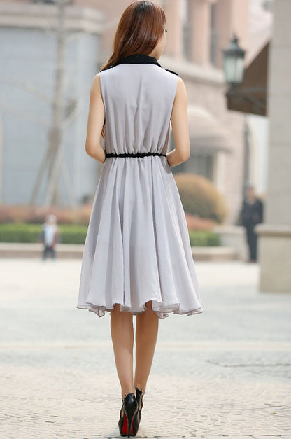 Gray Chiffon Midi Dress - Adjustable Waist and Button Front 917