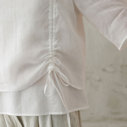 White Linen Shirt Top - Scoop Neckline, Drawstring Detail 2825