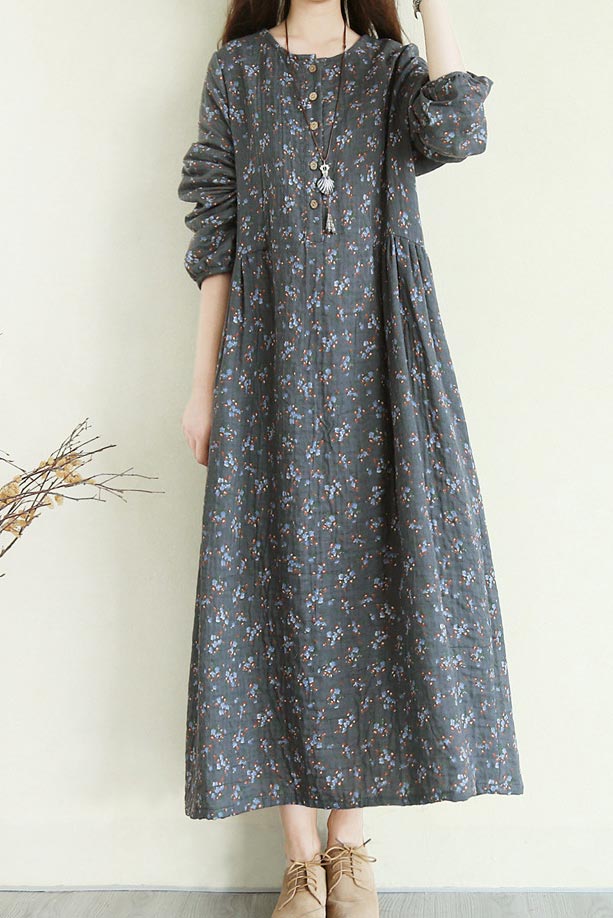 single-breasted linen long floral dress with crew and  3/4 sleeves CYM344