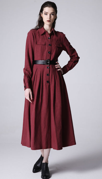 Red Linen Maxi Dress - Button Front, Long Sleeve 1170