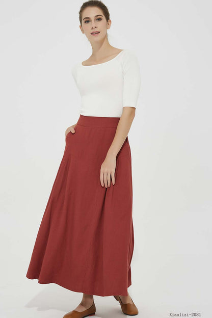 red linen skirt