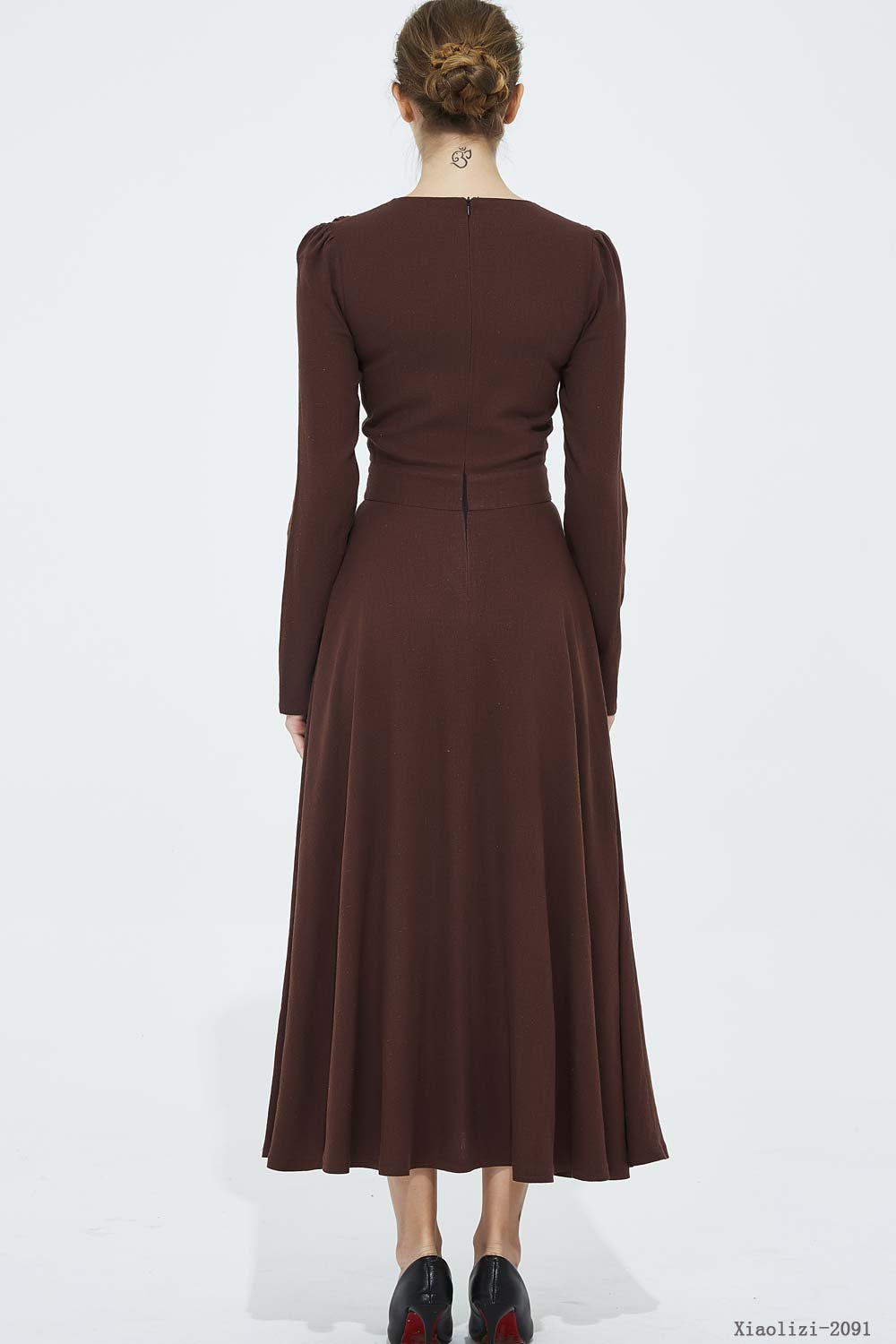 Long sleeve button front swing dress 2091#