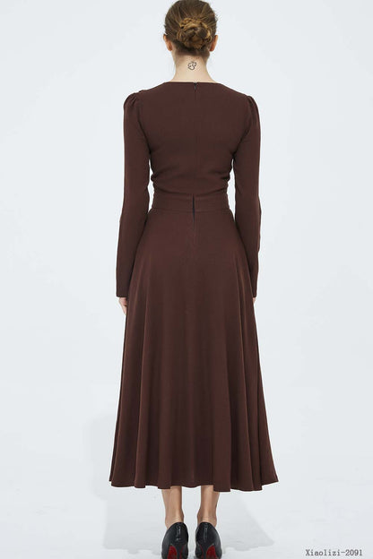 Brown Linen Fit and Flare Midi Dress - V-Neck, Long Sleeve 2091