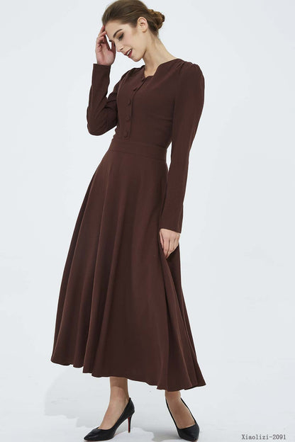 Brown Linen Fit and Flare Midi Dress - V-Neck, Long Sleeve 2091