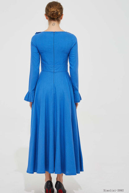 Blue Linen Maxi Dress - Ruffle Neckline and Swing Silhouette 2092