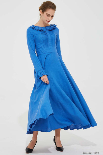 Army Green Linen Maxi Dress - Ruffled Collar & Flared Skirt 1651
