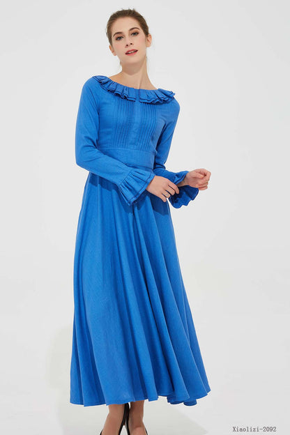 Blue Linen Maxi Dress - Ruffle Neckline and Swing Silhouette 2092