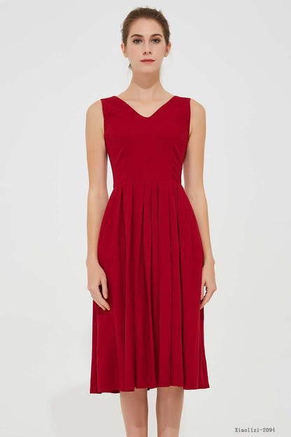 Red Linen Fit and Flare Midi Dress - Sleeveless V Neck 2904