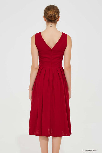 Red Linen Fit and Flare Midi Dress - Sleeveless V Neck 2904