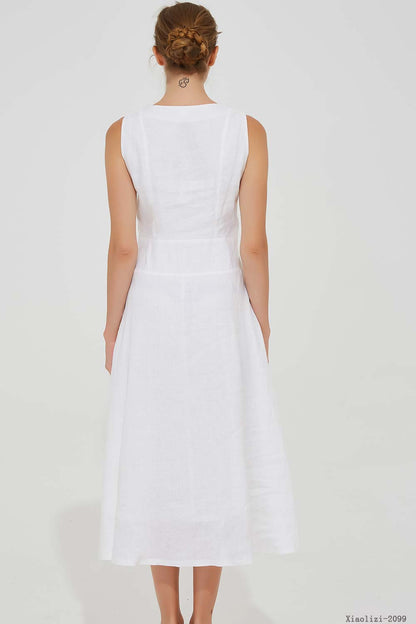 White Linen Midi Dress - Sleeveless Split Collar with Pockets 2099