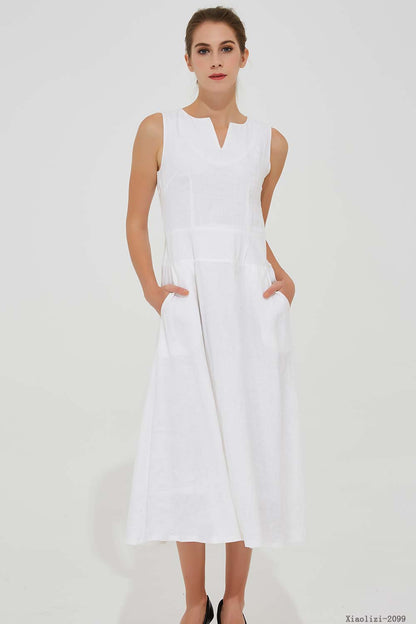 White Linen Midi Dress - Sleeveless Split Collar with Pockets 2099