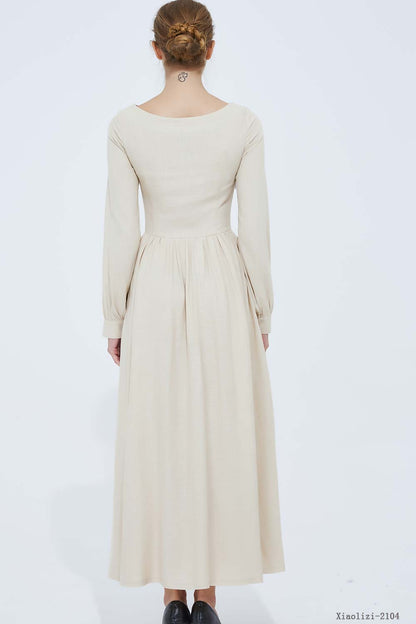 Beige Linen Maxi Dress - Pleated Waist with Lantern Sleeves 2104