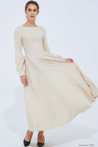 Beige Linen Maxi Dress - Pleated Waist with Lantern Sleeves 2104