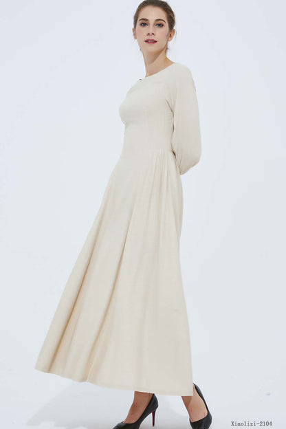 Beige Linen Maxi Dress - Pleated Waist with Lantern Sleeves 2104