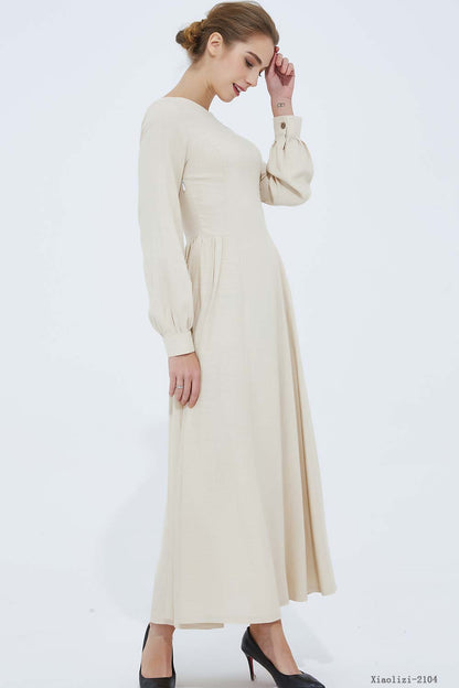 Beige Linen Maxi Dress - Pleated Waist with Lantern Sleeves 2104