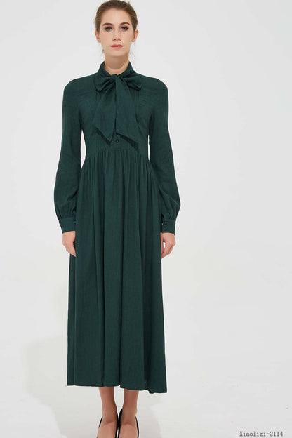 Dark Green Modest Linen Maxi Dress with Tie Neck and Pleated Waist 2114