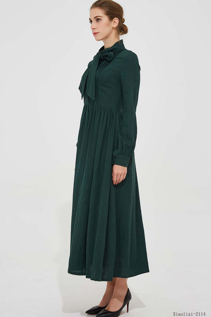 Dark Green Modest Linen Maxi Dress with Tie Neck and Pleated Waist 2114