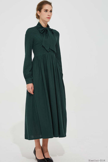 Dark Green Modest Linen Maxi Dress with Tie Neck and Pleated Waist 2114