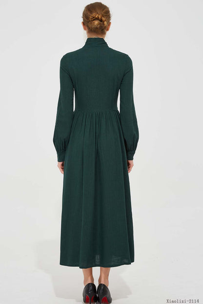 Dark Green Modest Linen Maxi Dress with Tie Neck and Pleated Waist 2114