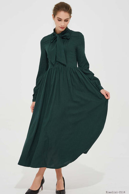 Dark Green Modest Linen Maxi Dress with Tie Neck and Pleated Waist 2114