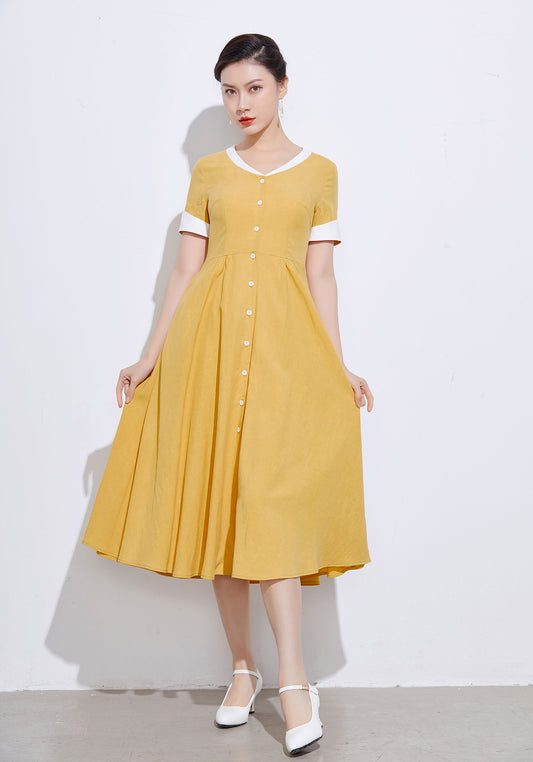 vintage inspired Yellow linen shirt dress 2317#
