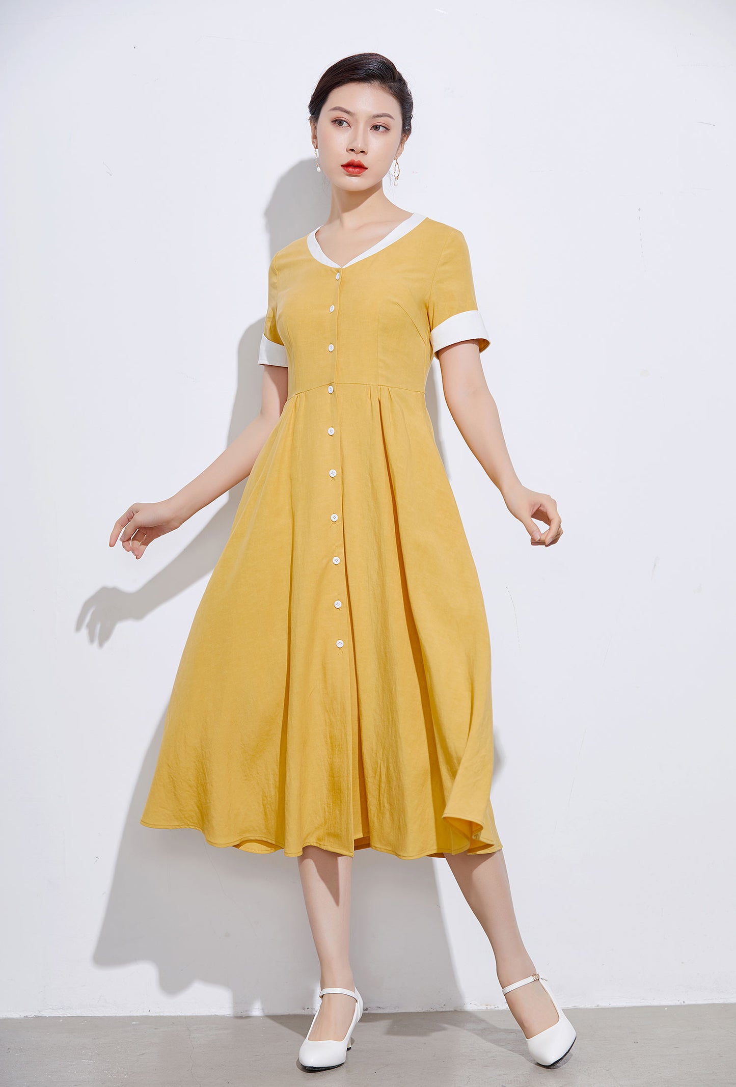 vintage inspired Yellow linen shirt dress 2317#