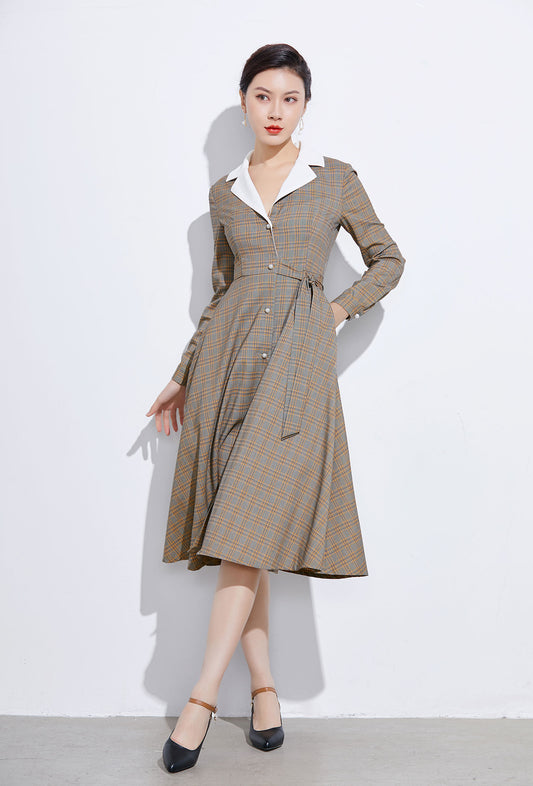 vintage inspired plaid shirt dress 2321#