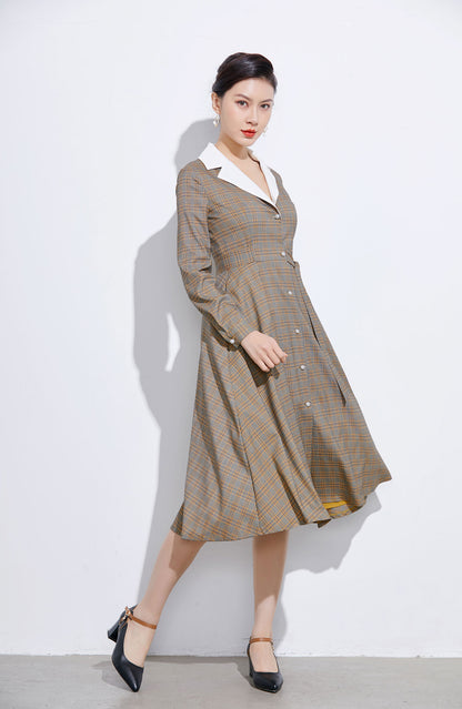 Brown Cotton Plaid Shirt Dress - Fit and Flare A-Line Silhouette 2321