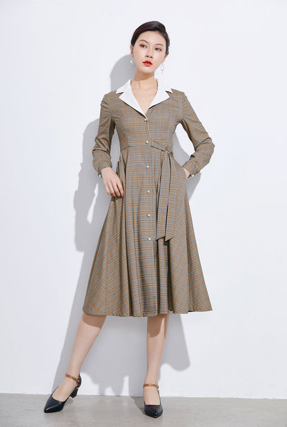 Brown Cotton Plaid Shirt Dress - Fit and Flare A-Line Silhouette 2321